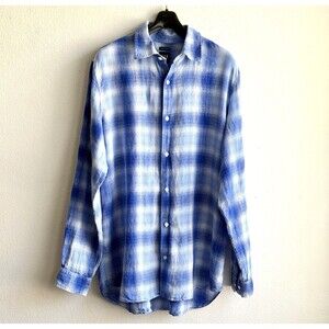 Gap Mens Long Sleeve 100% Linen Button Up Blue Plaid Shirt XL Tall Coastal